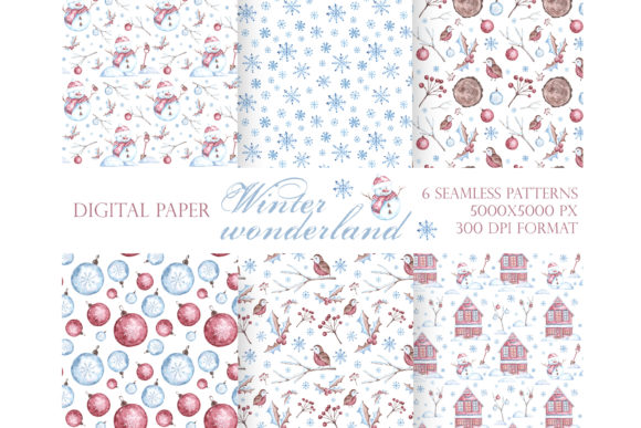 Snowman Christmas Seamless Pattern and Winter Wonderland Watercolor Seamless Patterns